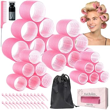 51 rodillos de pelo autoadhesivos para mujer, 24 rizadores sin calor con clips, 4 tamaños de rodillos jumbo (2.5, 2, 1.5 pulgadas, 1 pulgadas) para cabello largo, mediano y corto, kit de rizado sin