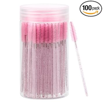 100 varitas de rímel desechables, cepillo de carretes de cejas de cristal para extensiones de pestañas, cepillos de pestañas rosas con contenedor