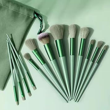 13-Piece Professional Makeup Brush Set – Soft Synthetic Bristles for Face and Eye, Powder, Blush, Foundation, and Blending(Green)