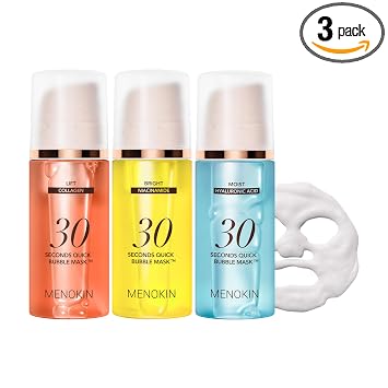 MENOKIN - Mascarilla facial coreana 3 paquetes [30 segundos de mascarilla de burbujas rápida] (colágeno, iluminadora, hidratante), mejora la hidratación, aumenta el brillo, fácil de usar, piel de