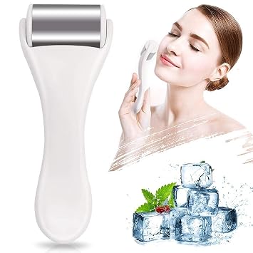 MAANGE Rodillo de hielo para cara y ojos, hinchazón, migraña, alivio del dolor y lesiones menores, productos para el cuidado de la piel, masajeador facial de acero inoxidable, masajeador de rodillo de hielo (blanco)