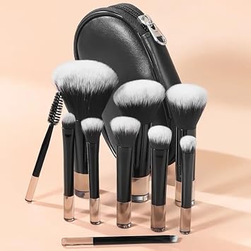10Pcs Min Black Travel Makeup Brush Set Portable Cosmetic Kit Professional Soft Synthetic Bristles Brush for Foundation Powder Blush Eyeshadow and Contour