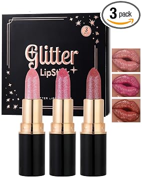 Juego de lápices labiales metálicos con purpurina de larga duración, 3 piezas de brillo de labios con brillo de diamante, color nude, rosa, rosa, rojo, mate, para mujeres, brillante, a prueba de transferencia, antiadherente, bálsamo labial tintado, juego d