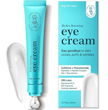 Crema para debajo de los ojos para ojeras e hinchazón, crema de ojos con cafeína, abrillantador antienvejecimiento con niacinamida, escualano, complejo de péptidos, fórmula coreana para el cuidado de la piel, rodillo de zinc para masaje, ojos hinchados