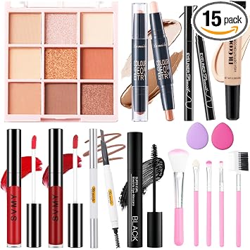 Set de maquillaje para mujeres, kit de maquillaje básico para principiantes y profesionales, mini juego de maquillaje para adolescentes y adultos, juego de maquillaje de viaje para niñas, paleta de sombra de ojos de 9 colores, brillo de labios, maquillaje