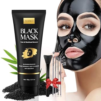 YLNALO Kit de máscara removedor de puntos negros, máscara facial de carbón con cepillo y extractores de espinillas, limpieza profunda para cara, nariz, poros y acné, para todo tipo de piel (3.5 onzas