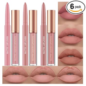 BestLand Juego de 6 Piezas de Labiales Líquidos Mate y Delineador de Labios, Copa Antiadherente No se Desvanece Impermeable 24 Horas Brillo de Labios Color Marrón Nude Lápiz Delineador de Labios para