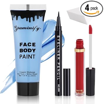 Sally Kit de maquillaje, kit de maquillaje cadáver novia Halloween, pintura azul claro a base de agua + delineador de ojos negro + lápiz labial rojo + esponja, kit de pintura facial azul bebé para disfraz de Sally Cosplay