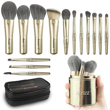 Jilier Juego de Brochas de Maquillaje de Viaje, 14 piezas Mini Brochas de Maquillaje para Base, Polvo, Sombra de Ojos, Iluminador, Contorno, Rubor y Corrector, Juego de Brochas de Maquillaje Pequeñas