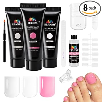 EBANKU - Kit de uñas de gel de poliéster de 3 colores, transparente, rosa, blanco, kit de extensión de uñas para los pies, 16 tamaños de uñas de los pies, kit de iniciación de uñas para extensiones de | 16 Sizes Toenail Dual Forms, Nail Starter Kit for Gel