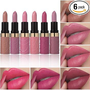 Juego de 6 lápices labiales mate, marrón, nude, rosa, morado, rosa, rojo