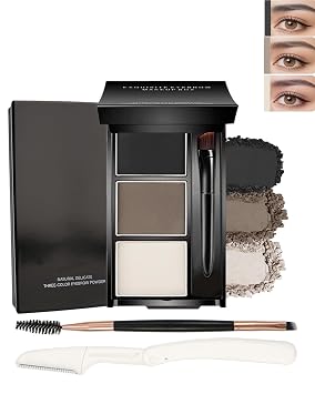 Kit de polvo de cejas para mujer, 3 colores para contorno de cejas de ojos, paleta de maquillaje negro y marrón de larga duración, impermeable, relleno de cejas con espejo completo, cepillo para cejas