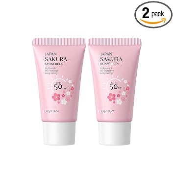 Protector solar hidratante SPF 50 – 2 paquetes de tamaño de viaje ligero japonés SAKURA protector solar para rostro y cuerpo, crema aislante hidratante no grasa, absorción rápida, sin yeso blanco, 1.06 onzas líquidas ea
