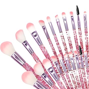 Bling Crystal - Juego de brochas de maquillaje de 10 piezas profesionales con purpurina para base, corrector, sombra de ojos, rubor, labio, asas transparentes, rosa