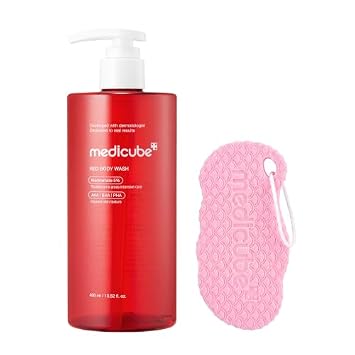 medicube Dúo clarificante de espalda y pecho: gel de baño rojo y esponja de ducha corporal