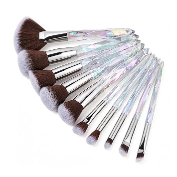 Kingtree Juego de brochas de maquillaje de cristal, 10 brochas de maquillaje brillantes de cerdas sintéticas de alta calidad, base de colorete, corrector de sombra de ojos, cepillo de maquillaje para