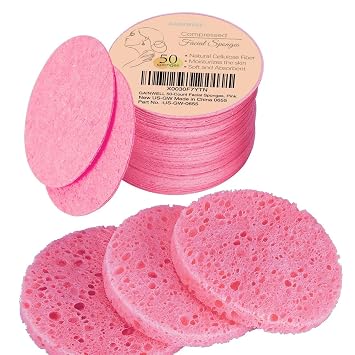 GAINWELL Esponjas faciales comprimidas de 50 unidades para limpieza facial diaria y exfoliación, esponjas cosméticas 100% naturales para removedor de maquillaje, reutilizables, color rosa