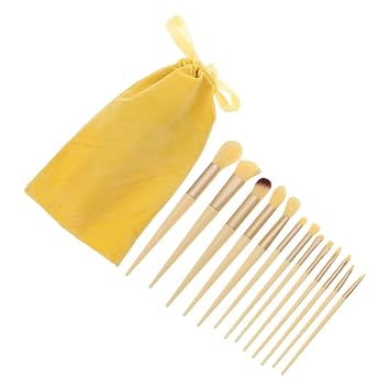 TOYANDONA 13pcs Professional Makeup Brush Set with Yellow Synthetic Fiber Brushes and Velvet Pouch for Eyeshadow, Blush, Highlighter, and Powder Application, for Everyday Beauty Use