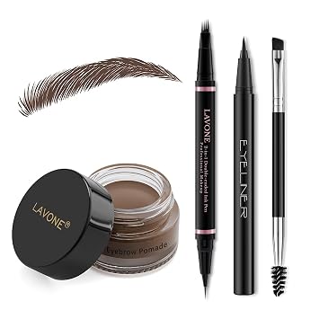 LAVONE - Kit de lápiz de cejas impermeable, pomada, delineador de ojos, marrón oscuro