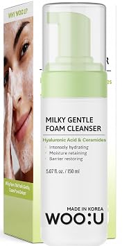 WOO:U Limpiador facial de ácido hialurónico y ceramidas, probado por dermatólogos, antienvejecimiento, cuidado de la piel coreano, espuma lechosa hidratante para una piel suave y radiante, vegano