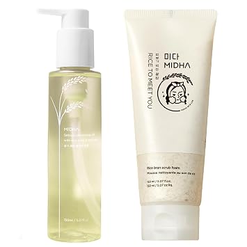 MIDHA Espuma exfoliante de salvado de 5.07 onzas líquidas + aceite limpiador de sebo de salvado de arroz, 5.07 onzas líquidas, limpiador facial coreano, lavado facial de microespuma suave con pH