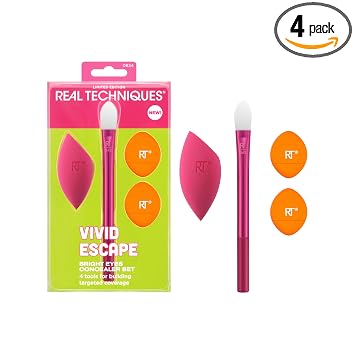 Real Techniques Set de Corrector Vivid Escape para Ojos Brillantes de 4 Piezas, Incluye Pincel de Maquillaje Patita de Gatito, Polvo, & Esponja para Mezclar Maquillaje Corrector, Corrección Focalizada