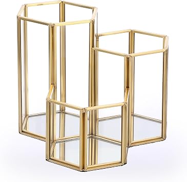 Hipiwe Sostenedor de cepillo de maquillaje de vidrio 3 ranuras oro