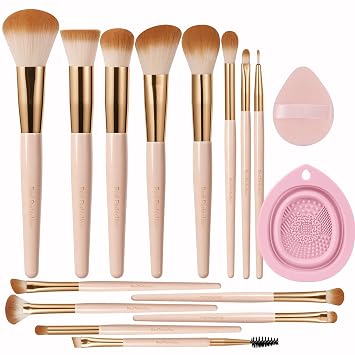Real Perfection Juego de 14 brochas de maquillaje, 14 piezas con 1 cuenco limpiador de silicona plegable y 1 soplo de polvo, base profesional, corrector de sombra de ojos, colorete, bronceador, kit de