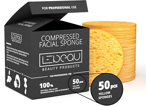 LeBeau Esponjas faciales comprimidas, esponjas faciales para limpieza, esponja facial de celulosa 100% natural, esponja facial profesional de calidad de spa (50 unidades, amarillo)