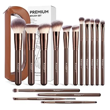 MAGEFY Juego de 15 brochas de maquillaje para base, corrector, contorno, mezcla, rubor, brochas de sombra de ojos con bolsa de cepillo de viaje (café)