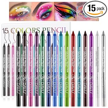 Juego de 15 lápices delineadores de ojos coloridos, lápiz de sombra de ojos, kit de delineador de ojos con purpurina metálica para mujeres, delineador de ojos y labios, maquillaje profesional impermeable para ojos