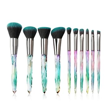 Tenmon - Juego de 10 brochas de maquillaje con mango de cristal, Kabuki con mango transparente, base de polvo, corrector de sombra de ojos, delineador de ojos y cejas (verde)