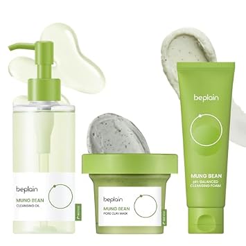 beplain Mung Bean Pore Care Trio - Aceite limpiador y espuma limpiadora de 5.4 fl oz y máscara de arcilla | Cuidado de la piel coreano | Adecuado para pieles sensibles