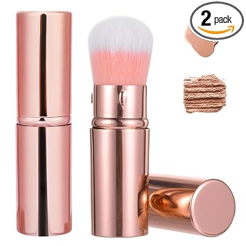 Paquete de 2 pinceles retráctiles Kabuki, pequeño cepillo de maquillaje portátil de viaje con tapa, para base líquida, polvo bronceador, corrector facial profesional para mujeres