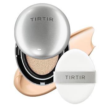 TIRTIR Mask Fit Aura - Base de cojín plateada, acabado semibrillante, cobertura natural, hidratante, ligera, base de cojín coreana (#21N marfil, tamaño matrimonial, 0.63 onzas líquidas)