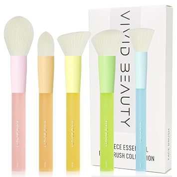 Juego de 5 brochas de maquillaje facial multicolor – Polvo, Kabuki, pelusa en ángulo, pinceles de rubor con cerdas veganas que imitan la lana natural – Mangos de goma antideslizantes – Perfecto para contornear, fijar, mezclar