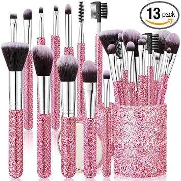 Nuogo Juego de 13 brochas de maquillaje con diamantes de imitación, 12 brillantes de cristal profesional, cosméticos para la cara, mezcla líquida, base, corrector de polvo, sombras de ojos