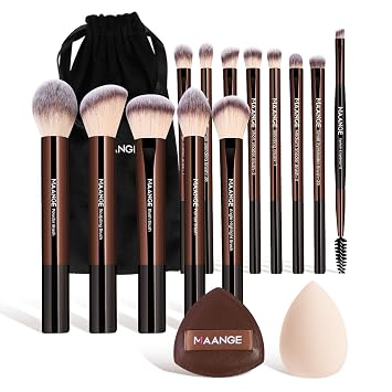 MAANGE Juego de 16 brochas de maquillaje de viaje para polvo líquido, corrector de contorno, crema, cosméticos, mezcla, sombra de ojos, delineador de ojos (café)