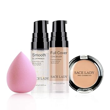 Corrector Impermeable de Cobertura Completa con Juego de Esponja con Primer, Base Líquida Cremosa Suave Mate Impecable Kit de Maquillaje Corrector para Cara Ojos Ojeras Manchas Cicatrices de Acné (0.2
