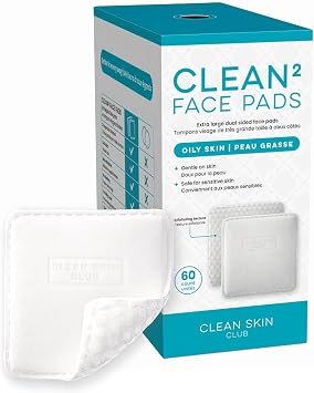 Clean Skin Club Clean² Almohadillas faciales para control de imperfecciones, almohadillas faciales extragrandes de doble cara para piel propensa a manchas, 100% de base biológica, aprobadas por dermatólogos, 60 unidades