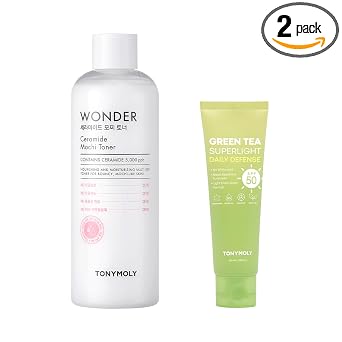TONYMOLY Green Tea SPF 50 Protector solar y 16.9 oz Wonder Ceramide Mochi Toner Skincare Bundle