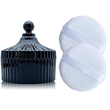 Paquete de 2 soplos de polvo blanco extra grandes de 5.2 pulgadas y recipiente de vidrio de 5.3 pulgadas, estuche grande de gran tamaño para cuerpo y cara (vidrio negro)
