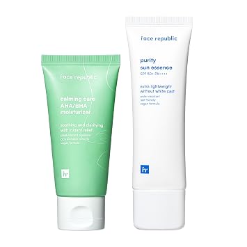 Face Republic Calma y protege - Cuidado calmante AHA/BHA hidratante + Esencia solar de pureza | Protector solar UV de amplio espectro SPF 50+ | Cuidado de la piel vegano coreano