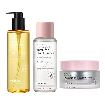 Hanskin Set de productos esenciales de vidrio – Aceite limpiador de poros PHA, esencia de piel de hialuron y crema hidratante | Hidratación, cuidado de los poros y exfoliación para todo tipo de piel | Juego coreano de cuidado de la piel, K-Beauty