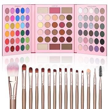 UCANBE Paleta de maquillaje de 86 colores con juego de 15 pinceles, sombra de ojos con purpurina mate, resaltador, rubor y contorno, todo en uno, tonos vibrantes, neutros y ahumados, juego de regalo