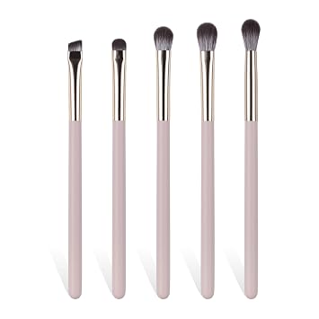 Juego de brochas de maquillaje de ojos, 5 brochas de maquillaje profesionales para sombra de ojos con mango sintético y de madera, cepillo en ángulo para cejas libre de crueldad animal y vegano para líquidos, crema, corrector de cejas y sombras de ojos