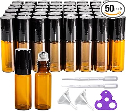 50 botellas de rodillo de vidrio ámbar de 0.17 onzas líquidas, viales de muestra de aceite esencial con bola de rodillo de acero inoxidable, tapas negras, para perfume de viaje, cosméticos, recipiente pequeño (2 embudos, 2 goteros, 1 abridor) (0.2 fl oz)