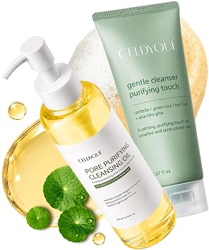 Juego de doble limpieza coreana – Aceite limpiador purificador de poros y lavado facial suave, complejo de ácido suave, piel sensible, con árbol de té centella y té verde, LHA AHA BHA PHA para exfoliación suave cuidado del acné