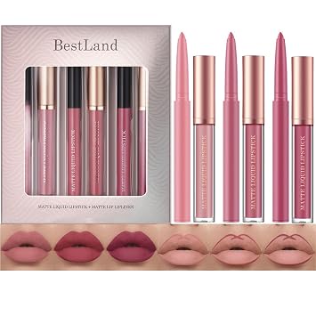 BestLand Juego de 6 labiales líquidos mate + lapices delineadores, kit de maquillaje de labios de un paso, pigmento aterciopelado, tono natural, no mancha, resistente al agua, larga duración, brillo
