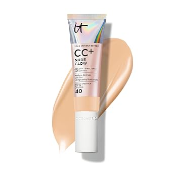 IT Cosmetics CC+ Nude Glow - Base de maquillaje ligera y suero iluminador con FPS 40, cobertura media, formulado con niacinamida y ácido hialurónico, para todo tipo de piel, 1.08 onzas líquidas